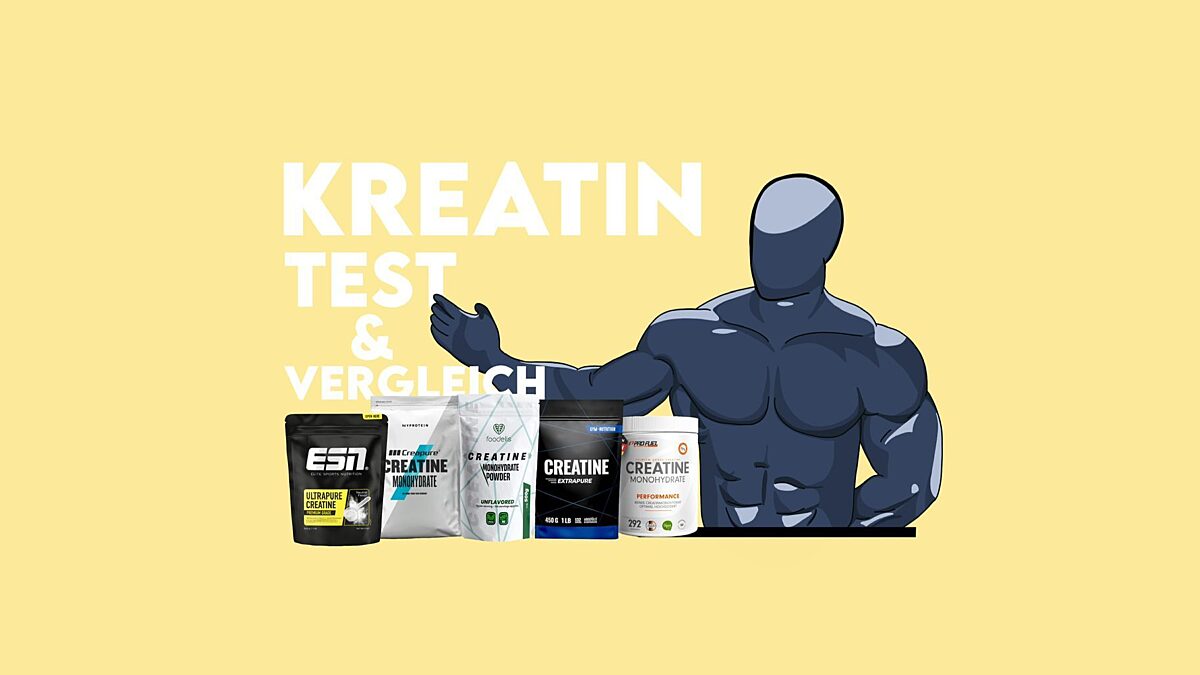 Eine Illustration eines muskulösen Mannes der verschiedene Kreatin Produkte testet.