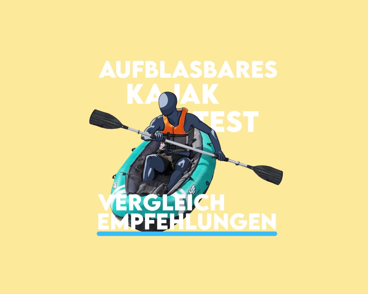 Darstellung eines Menschen der ein aufblasbares Kajak testet