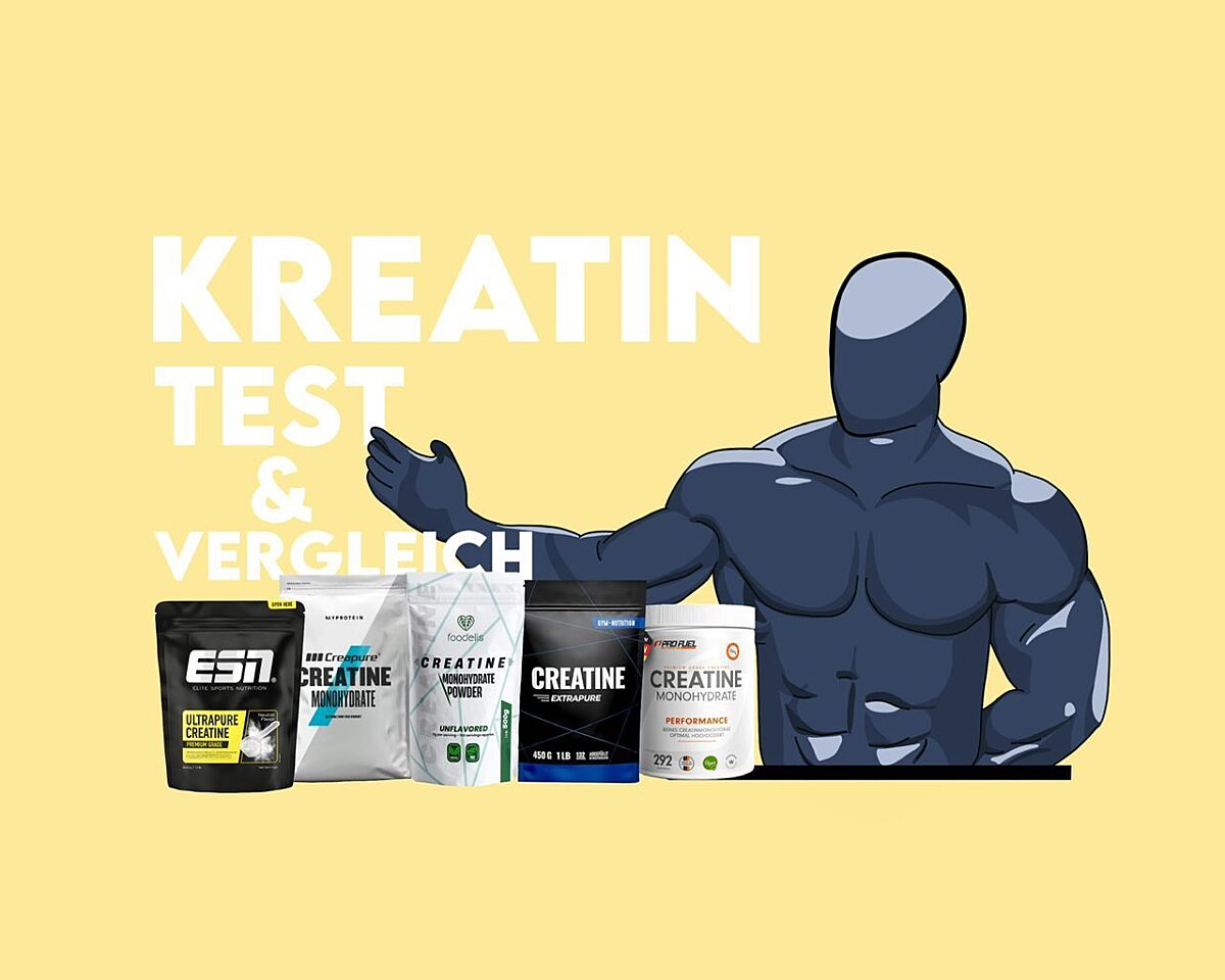 Eine Illustration eines muskulösen Mannes der verschiedene Kreatin Produkte testet.