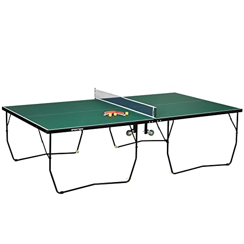 SPORTNOW Tischtennistisch Klappbar, Indoor Tischtennisplatte mit Rollen, Tischtennisspiel-Set mit 2 Tischtennisschlägern und 3 Bällen, Stahl, Grün, 274 x 152,5 x 76 cm