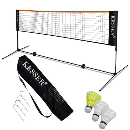 KESSER® Badmintonnetz Tennisnetz | 400cm | Federballnetz 3-Fach-Höhenverstellbar 107/120/155cm, Set bestehend aus Netz, 3x Federball, Transporttasche, stabilem Eisen-Gestell, Indoor & Outdoor, Schwarz