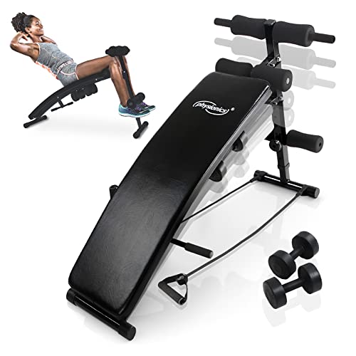 Physionics® Sit Up Bank mit Beinfixierung - klappbar, inkl. 2 Hanteln und 2 Seilen, 5-fach verstellbar, Stahl - Bauchtrainer, Trainingsbank, Rückentrainer, Fitness Workout Bench für Bauchtraining