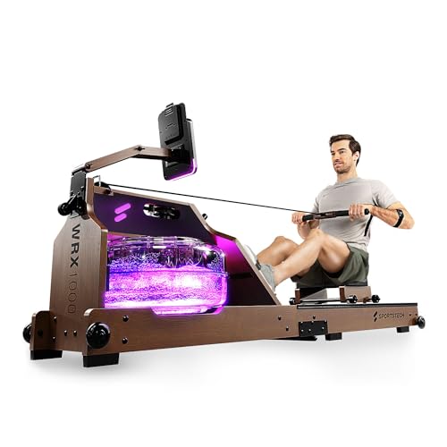 Sportstech Premium Wasser-Rudergerät mit LED-Wassertank, klappbar | Deutsches Qualitätsunternehmen I App mit Workout Kursen+ Tablethalterung | Natur-Massivholz Rudermaschine Rower für zuhause WRX1000