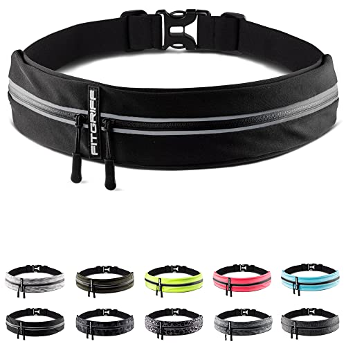 Fitgriff® Laufgürtel für Handy - Lauftasche Jogging, Hüfttasche, Sportgürtel, Running Belt zum Joggen, Laufen, Sport, Fitness - passend für alle Smartphones (65-110cm Bauchumfang, Schwarz)