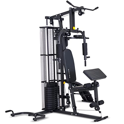 SportPlus Kraftstation, Multifunktionale Fitnessstation inkl. Gewichte, verstellbare Sit-Up-Bank, Dip-Station, Liegestützgriffe, SP-HG-015, Black/Sun