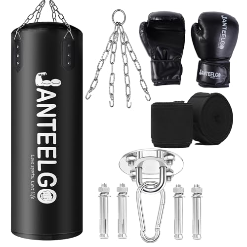 Boxsack Hängender Typ und Ungefüllter Boxsack Erwachsene JanTeelGO 100cm Langlebig PU-Leder mit Montagekette und Deckenhaken für MännerDamen Jugendliche，MMA Kickboxing Muay Thai Karate Schwarz