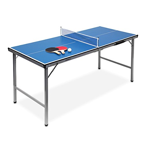 Relaxdays Unisex Jugend Midi Indoor Klappbare Tischtennisplatte, HBT: 71 x 150 x 67 cm, tragbarer Ping Pong Tisch, Netz, Bälle, Schläger, blau