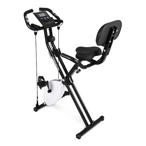 MSPORTS Fitness X-Bike Premium + Widerstandsbändern | Fahrradtrainer, Heimtrainer klappbar mit Rückenlehne, LCD-Display und Herzfrequenzsensor