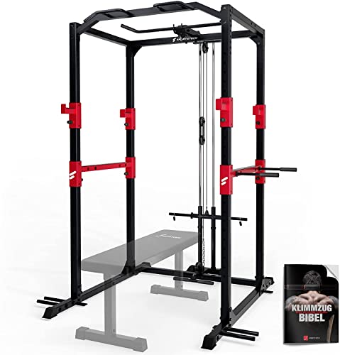 Sportstech Power Rack + Klimmzugstange | Sprossenwand, Squat Rack mit Latzug + 2X Griffe | App mit On Demand Kursen | Station mit Ablage für Langhantel | Kraftstation: Fitness für Zuhause |FPR300/350