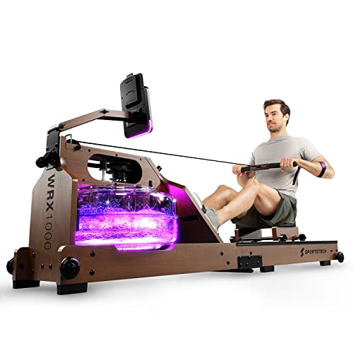 Sportstech Premium Wasser-Rudergerät mit LED-Wassertank, klappbar | Deutsches Qualitätsunternehmen I App mit Workout Kursen+ Tablethalterung | Natur-Massivholz Rudermaschine Rower für zuhause WRX1000