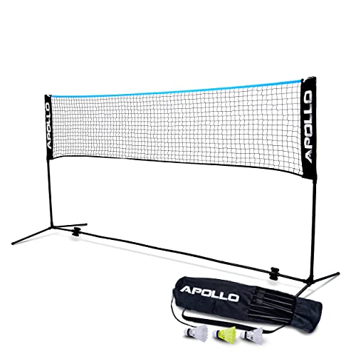 Apollo Badminton Netz, Volleyball Netz | 300cm | 400cm | 500 cm | Federballnetz 3-Fach-Höhenverstellbar, Set bestehend aus Netz, 3X Federball, stabilem Eisen-Gestell, Transporttasche, Indoor & Outdoor
