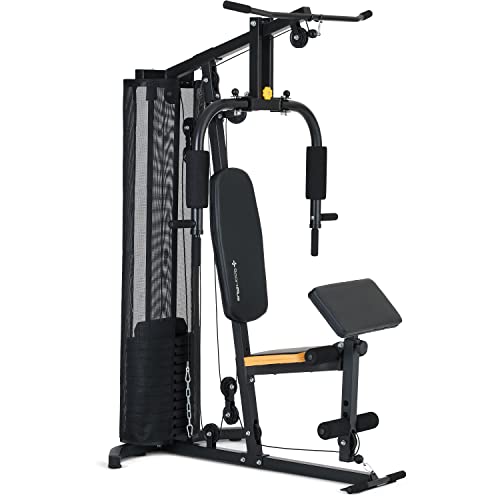 SportPlus| Kraftstation für zuhause| Home-Gym mit Kabelzug, Latzuggerät, kurzer Bizepsstange, Beintrainer, Brustpresse, Butterfly-Maschine | inkl. 55 kg Gewichte