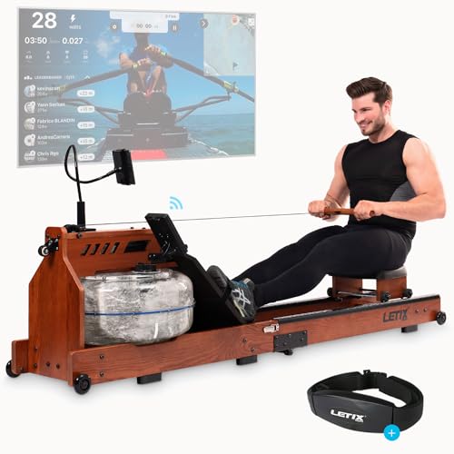 Wasser Rudergerät Wassertank mit Doppelkammersystem, LCD-Display, Bluetooth, APP + Tablethalterung - Echtholz Water Rower klappbar, Rudermaschine für zuhause inkl. Pulsmesser