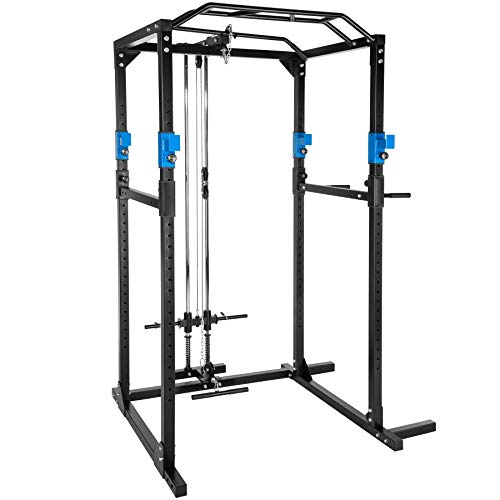 tectake Kraftstation Fitnessstation Power Rack Power Cage | Klimmzug-Doppelstange | Robuster Rahmen aus Stahlrohr (Blau Schwarz mit Latzug | Nr. 402598)