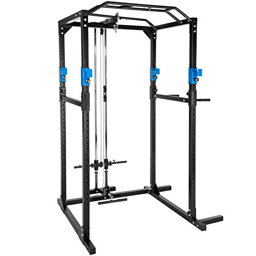 tectake Kraftstation Fitnessstation Power Rack Power Cage | Klimmzug-Doppelstange | Robuster Rahmen aus Stahlrohr (Blau Schwarz mit Latzug | Nr. 402598)