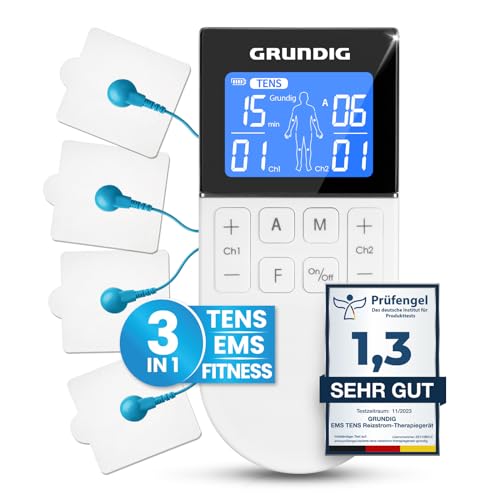 GRUNDIG Tens Gerät Schmerztherapie Reizstromgerät - Zertifiziertes Reizstrom Medizinprodukt mit 50 Programmen und 16 Intensitätsstufen - 3in1 Akku EMS Gerät zur Muskelentspannung (Gerät)