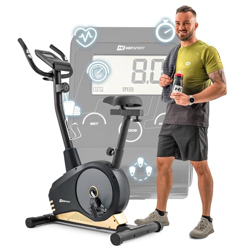 Hop-Sport Spark Heimtrainer Fahrrad - Fitnessgerät für Zuhause mit Pulssensoren & Computer, 8 Widerstandsstufen, Schwungmasse 9 kg - Fitnessbike für EIN max. Nutzergewicht von 120kg Gold