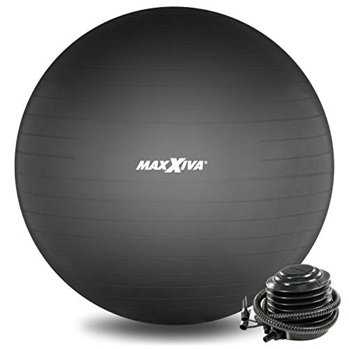 MAXXIVA® Gymnastikball Anti-Burst mit Luftpumpe bis 250 kg hautfreundlicher Sitzball Reha Hometraining Balanceball Yoga Pilates Sport Fitnessball (65 cm, Schwarz)