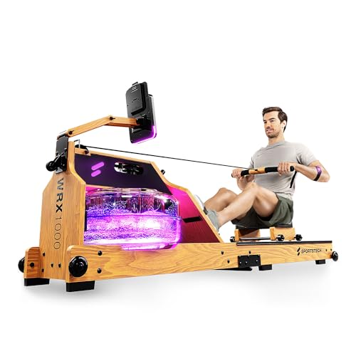 Sportstech Premium Wasser-Rudergerät mit LED-Wassertank, klappbar | App mit Workout Kursen+ Tablethalterung | Natur-Massivholz Rudermaschine Rower für zuhause WRX1000