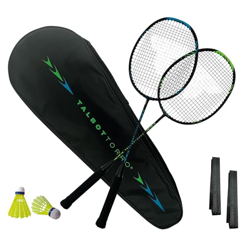 Talbot Torro Carbon Badminton Set Professional, 2 Badmintonschläger, 2 Federbälle, 2 Griffbänder & Schlägertasche für Training & Sport