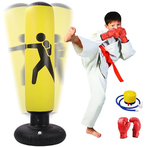 MEYDLL Boxsack Kinder, Aufblasbarer Boxsack,160cm Boxsack Stehend, Standboxsack mit Luftpumpe und Boxhandschuhen für Karate Kickboxen, Trainingsausrüstung, Geschenk für Jungen Mädchen