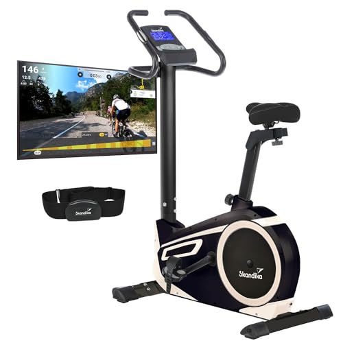 Skandika Ergometer Morpheus | Heimtrainer für Zuhause, 12 kg Schwungmassensystem, 32 Levels, 24 Programme, App Kompatibel mit Kinomap, Pulsgurt, Tablethalterung | Indoor Fahrrad bis 150 kg