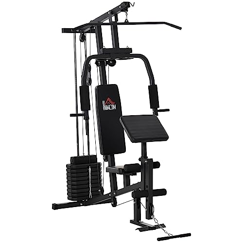 HOMCOM Gym Kraftstation Fitnessstation Multigym Fitnesscenter Fitnessgerät inkl. Gewichten mit Rollenpolsterung Stahl Kunstleder Schwarz 148 x 108 x 207 cm