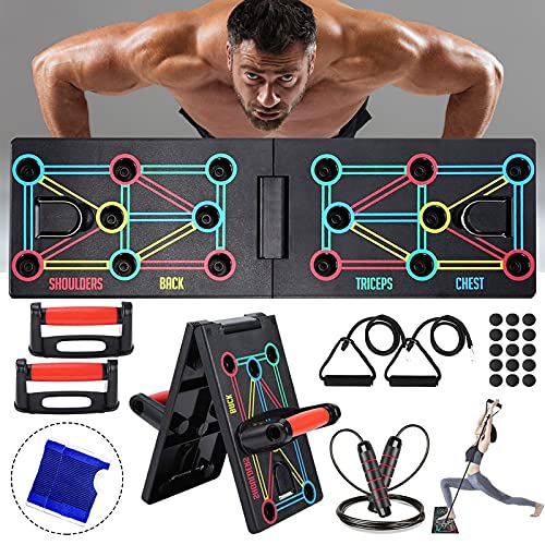 AOUZEA Push Up Board Fitnessgeräte, 12-in-1-Faltbares Multifunktions Tragbar Liegestütze Brett, Fitness Geräte mit Schutzhandschuhen und Rutschfester Silikonmatte, Unisex Sportgeräte