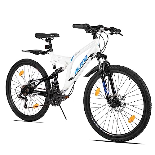 Hiland 26 Zoll Mountainbike Rad Vollfederung Mountain Bike Fully Shimano 21 Gang Fahrrad mit Rahmenpaket Schutzblech Federgabel Scheibenbremsen MTB für Herr Damen Jungen Mädchen Weiß Blau