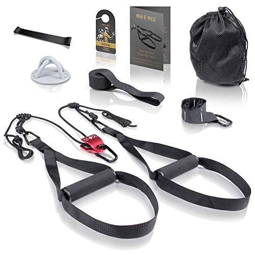 High Pulse® Schlingentrainer Set (7-TLG.) – Umfassendes Sling Trainer Kit mit Umlenkrolle, Türanker, Wandbefestigung, Poster, Türschild, Tasche und Fitnessband für EIN effektives Ganzkörpertraining