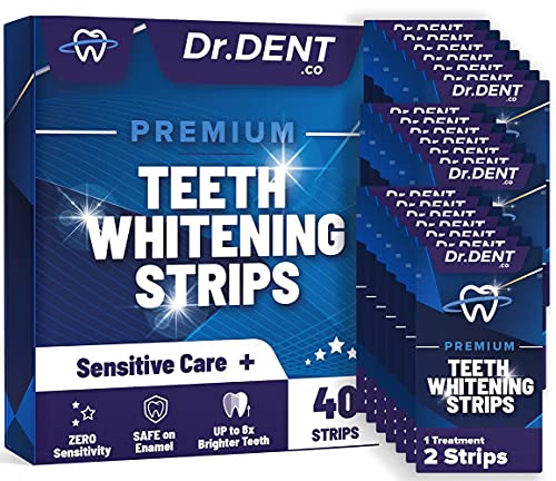 DrDent Premium Zahnweiß-Streifen - 20 Whitening-Sitzungen - Non-Sensitive Formel - 40 Peroxid frei Whitening-Streifen - sicher fürZahnschmelz + Mundöff ner enthalten