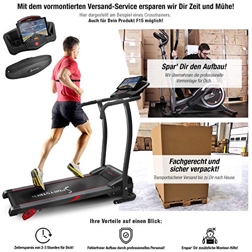 Sportstech F15 Laufband – Deutsche Qualitätsmarke - Live Videos & Multiplayer APP & LCD Display, inkl.Bluetooth, 3 PS, 12 KM/H, 17 Programme und Tablet-Halterung – kompakt klappbar verstaubar