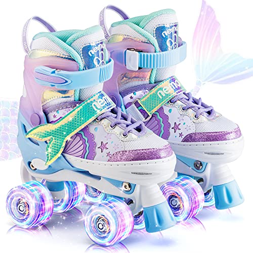 NEMONE Rollschuhe für Mädchen Kinder 4 Größen Verstellbar Blau Violett Rollschuhe für Kinder Drinnen Draußen Mädchen Kinder