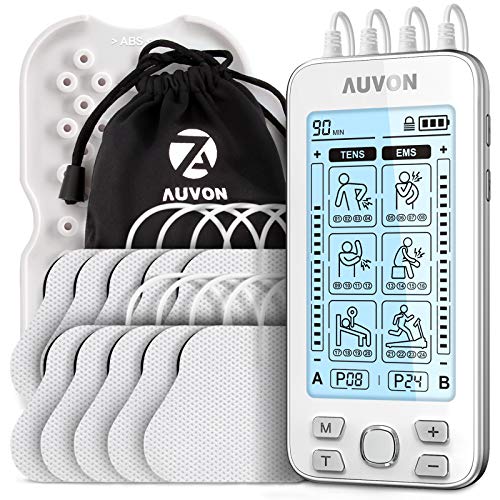 AUVON 4 Kanäle TENS Gerät EMS Trainingsgerät für Schmerzlinderung Therapie mit 24 Modi Elektro Massagegerät, 10 Stücke 2"x 2" Premium Elektroden-Pads mit patentiertem Design (weiß)