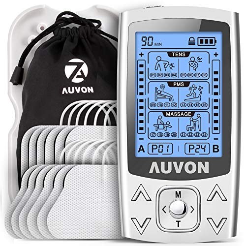 AUVON TENS EMS Gerät, 2 Kanäle und 24 Modi 3-in-1 Reizstromgerät mit 12 Stücke 2"x2" TENS Elektroden Pads mit patentiertem Design zur Schmerzlinderung & Muskelaufbau am Rücken, Schultern usw.