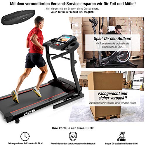 Sportstech F26 Profi Laufband mit Smartphone App Steuerung Pulsgurt im Wert von 39,90 € inklusive - MP3 AUX Bluetooth 4 PS 16 km/h HRC Training – kompakt klappbar verstaubar