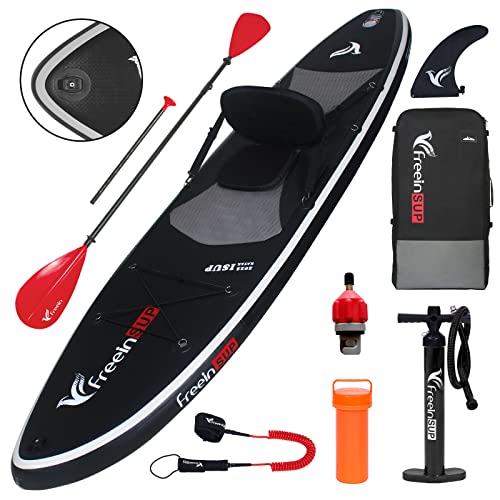 freein Kajak Sup Board Set Aufblasbares Stand Up Paddle Board Surfboard 10'/10'6''x31''x6''Kajaksitz Kamerahalterung Paddel Fußschleife Rucksack Pumpe Anfänger Fortgeschrittene, Schwarz, 320cm