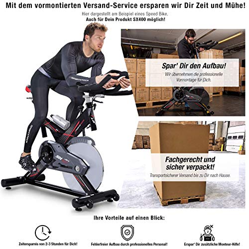 Sportstech Profi Indoor Cycle SX400 inkl. VORMONTAGE– Deutsche Qualitätsmarke - mit Video Events & Multiplayer App, 22KG Schwungrad, Pulsgurt kompatibel-Speedbike mit leisem Riemenantrieb - Ergometer