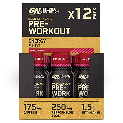 Optimum Nutrition Gold Standard Pre-Workout Energy Shot, trinkfertig mit Beta Alanin, Koffein, PerforMelon Boost und Vitamin B6 und B12, Beeren-Mix-Geschmack, 12er-Pack, 12 x 60 ml