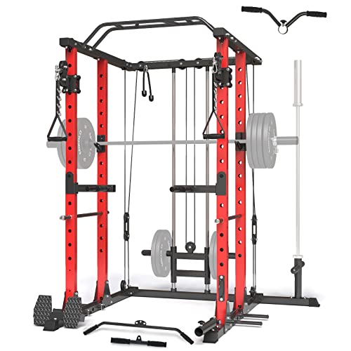 ZERELEK Power Cage, Power Rack mit Latzugstange, Kabelzugstation mit J-Hacken, Landmine, Band Peg, Battle Rope Seil, Squat Rack mit 680kg maximaler Belastung für das Heim-Fitnessstudio