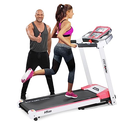 Miweba Sports elektrisches Laufband HT1000 | 3,5 PS - 16 Km/h - Incline 6% - Traglast 120 Kg - Klappbar - 12+4 Laufprogramme - Smartphone Tablet Halterung - Große Lauffläche (Weiß Pink)