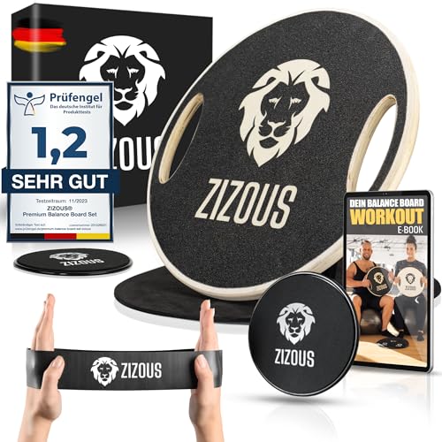 ZIZOUS® Premium Balance Board TESTSIEGER Komplettset - Hochwertiges Wackelbrett inkl. Antirutschmatte 2 Slider und Fitnessband - Gleichgewichtstrainer mit Handgriffen - Balance-Board schwarz mit Ebook