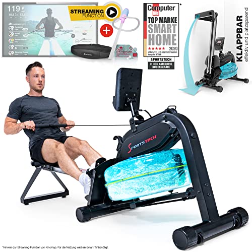 Sportstech Premium Wasser-Rudergerät | Deutsche Qualitätsmarke | Video Events & Multiplayer APP | ergonomischer Sitz & Alu-Schiene | Water Heimtrainer mit Pulsgurt | Rower klappbar für Zuhause |WRX400