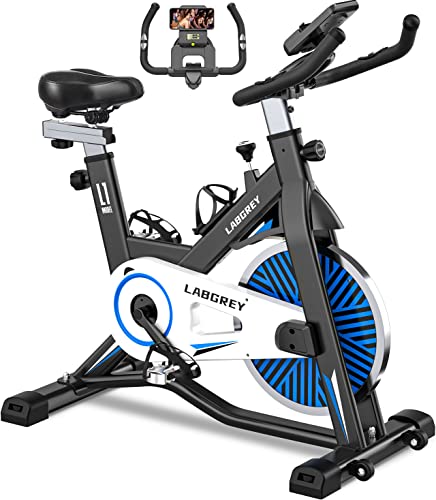 LABGREY Heimtrainer, Fitness Fahrrad für Zuhause, Indoor Kardio Training, Bike mit Pulsmesser, LCD Display, Ipad Halter, Sitz & Widerstand Einstellbar, Bis 130 kg (Blau)