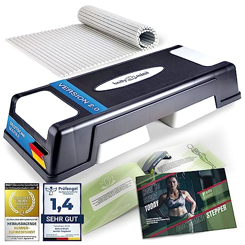 Body & Mind® Aerobic Steppbrett Deluxe 2-Stufen Stepper Step-Bench mit gratis Anti-Rutsch-Matte & exklusiven Trainings E-Book