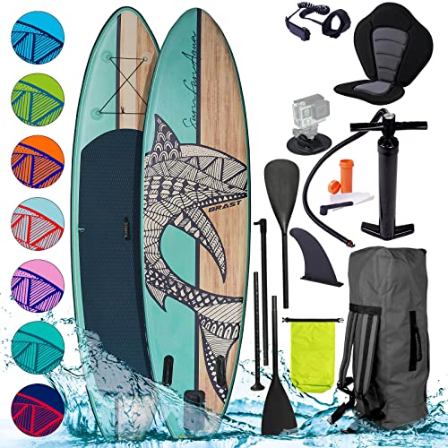 BRAST SUP Board Shark | Aufblasbares Stand up Paddle Set | 300-365cm viele Modelle | incl. Zubehör Fußschlaufe Paddel Pumpe Rucksack | Blau Grün Gelb Rot Türkis Orange Pink | Natural 320