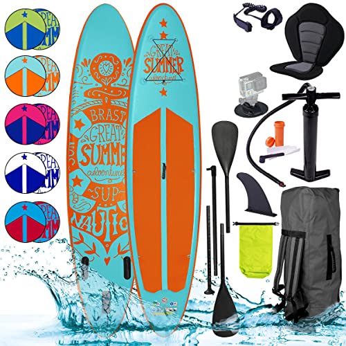 BRAST SUP Board Summer | Aufblasbares Stand up Paddle Set | 320x81x15cm viele Modelle | incl. Zubehör Fußschlaufe Paddel Pumpe Rucksack | Blau Rot Grün Orange Türkis Pink Weiß | 320 türkis