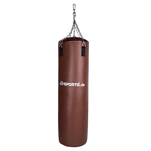 ScSPORTS® Boxsack 120 x 35 cm aus braunem Kunstleder mit 4-Punkt Stahlkette, Drehwirbel und Karabiner, ungefüllt