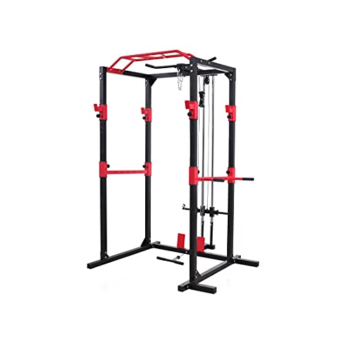 zoomyo Power Rack,Massive standsichere Stahlkonstruktion,Fitness Rack Set mit 2 Spottern,Klimmzugstange,Dip-Ständer,Latzug und Ruderzug–für Anfänger und Fortgeschrittene (Rot/Schwarz)