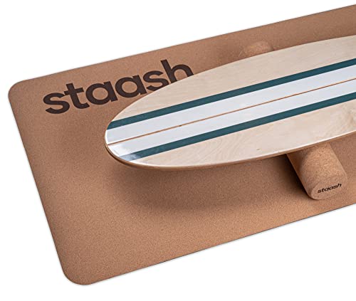 STAASH® Balance Board – Komplettset mit Rolle und Korkmatte – Balance Board für Fitness, Yoga & Rehabilitation – Großes Holzbrett mit rutschfester Oberfläche – Heimsport